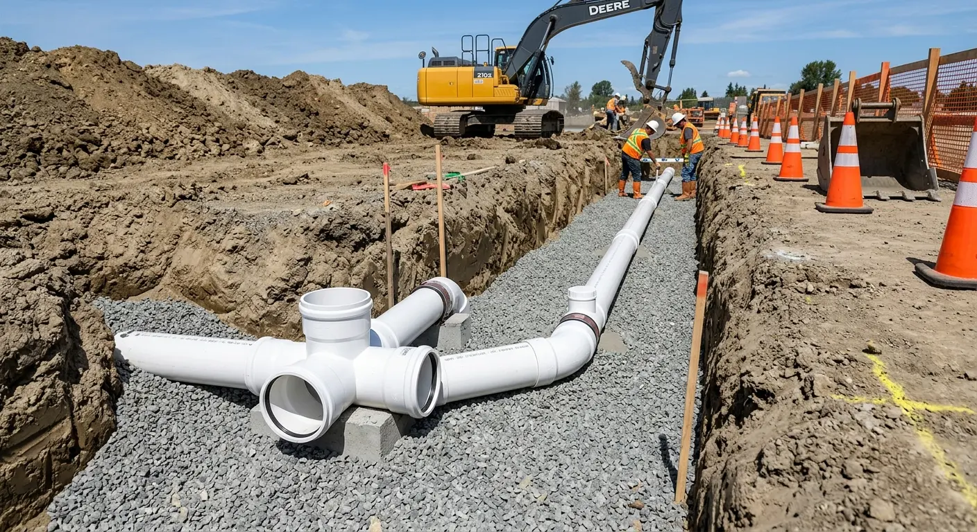 New PVC sewer pipe installation in open trench for Commercial Drain Cleaning in Mitchell