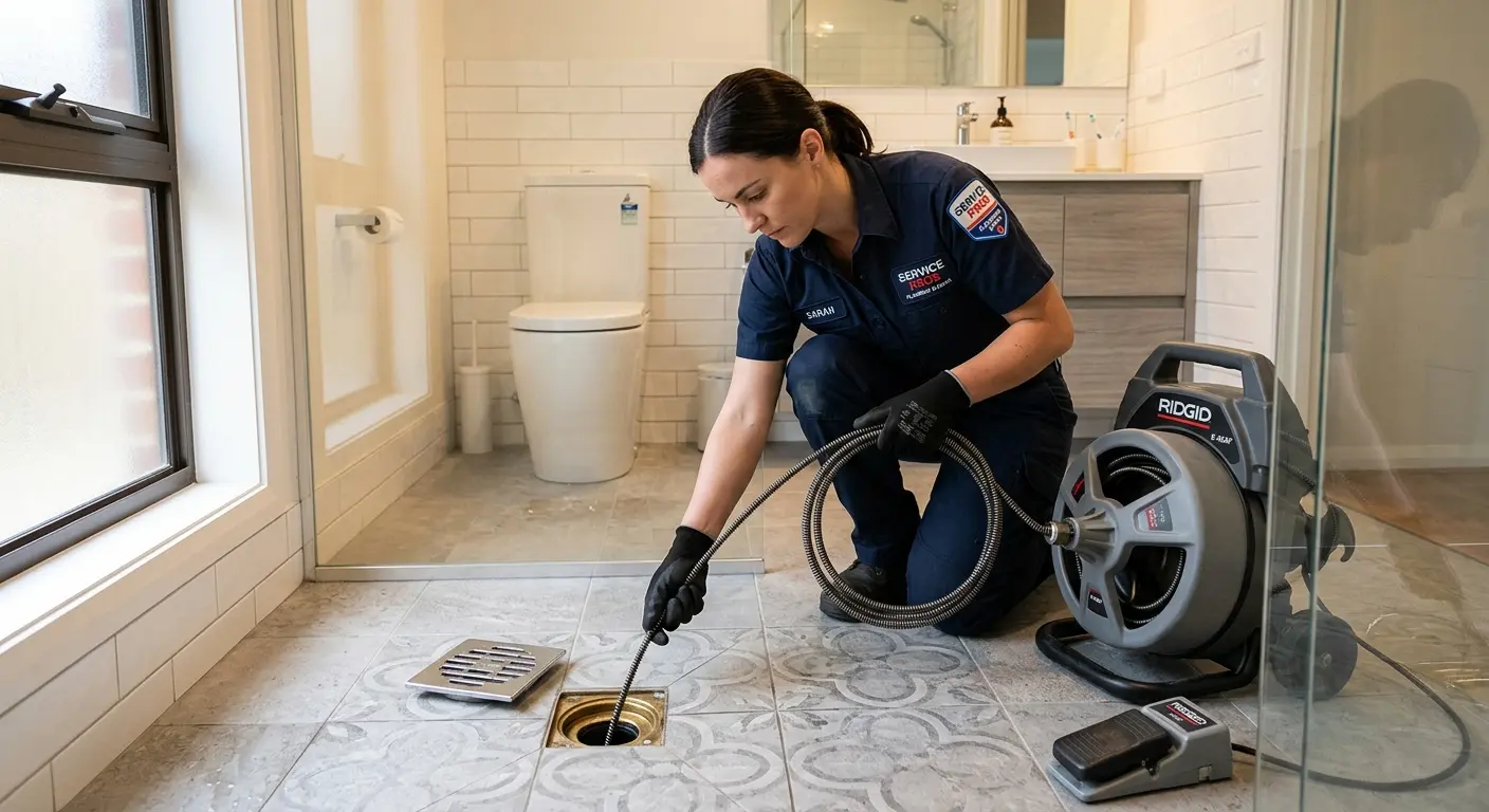 Technician clearing a bathroom floor drain for Clogged Drain Repair in Mitchell